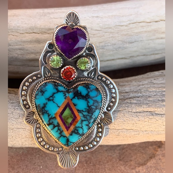 Aldrich Art Kingman Turquoise & Amethyst Inlay Heart Earrings - Picture 3 of 5